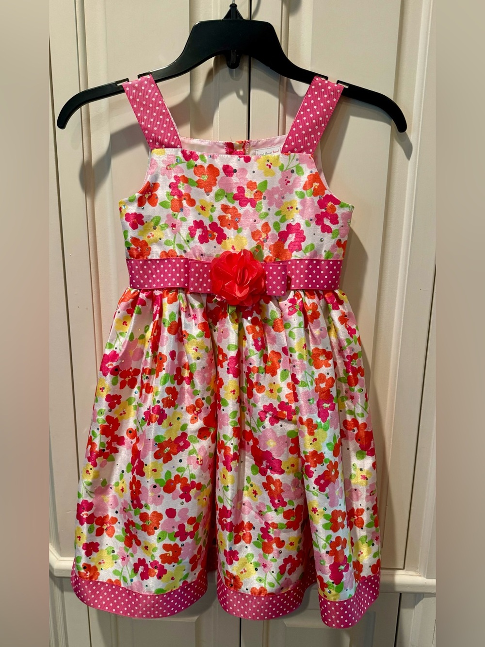 Girls Sweet Heart Rose Pink Floral Dress w/ Pink Polka Dot Trim & Sparkle Size 6